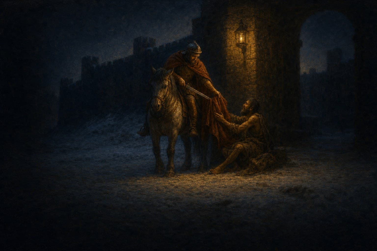 At dusk in winter, a young soldier in a helmet and red cloak leans from his grey horse under a lantern at the gate of a walled city and sets his sword to his cloak to cut it in two for a barefoot poor man who sits in the snow and reaches up for it: St. Martin of Tours at the gate of Amiens.