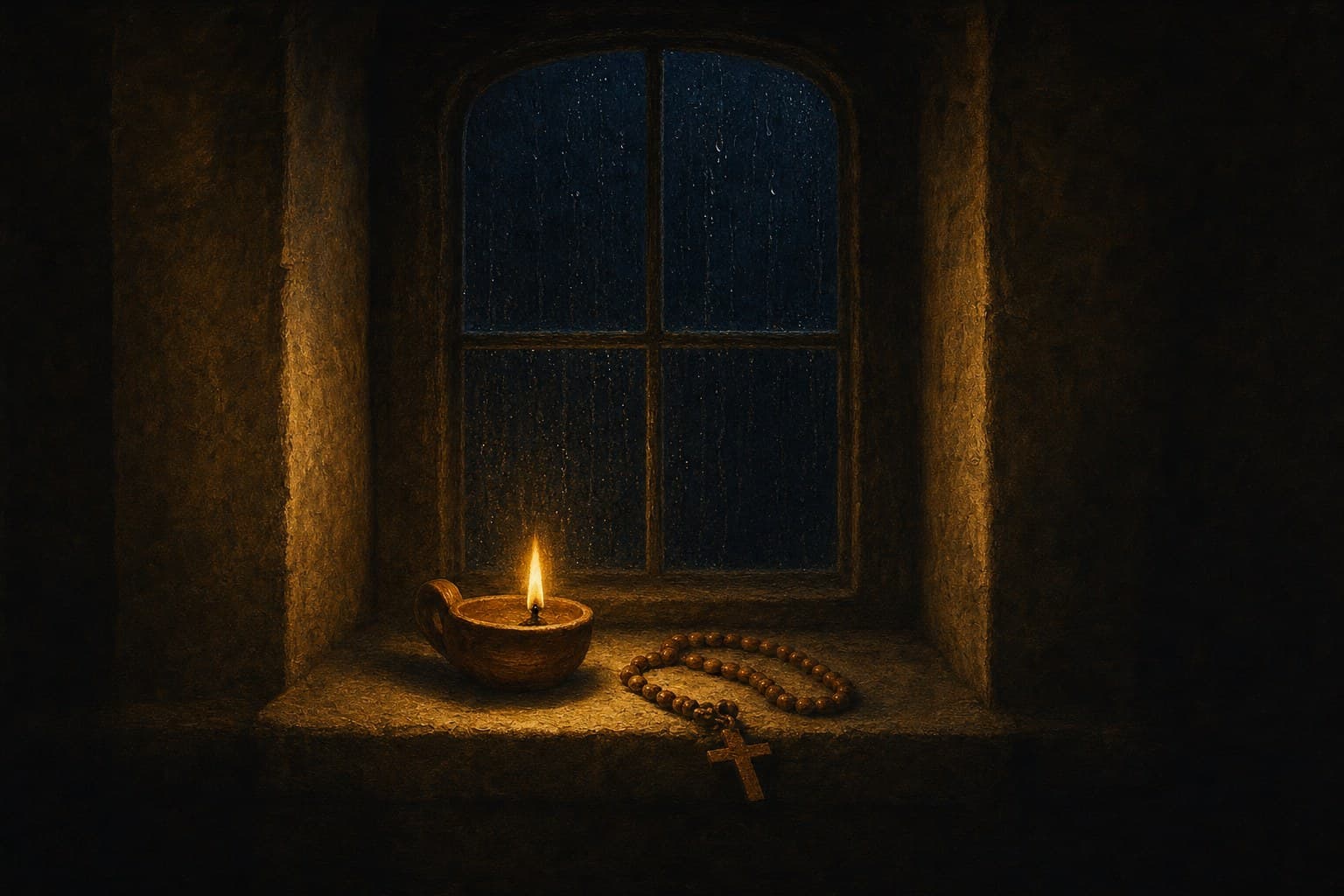 A small oil lamp burning on a stone windowsill at night, a wooden rosary coiled beside it, and rain running down the dark window.