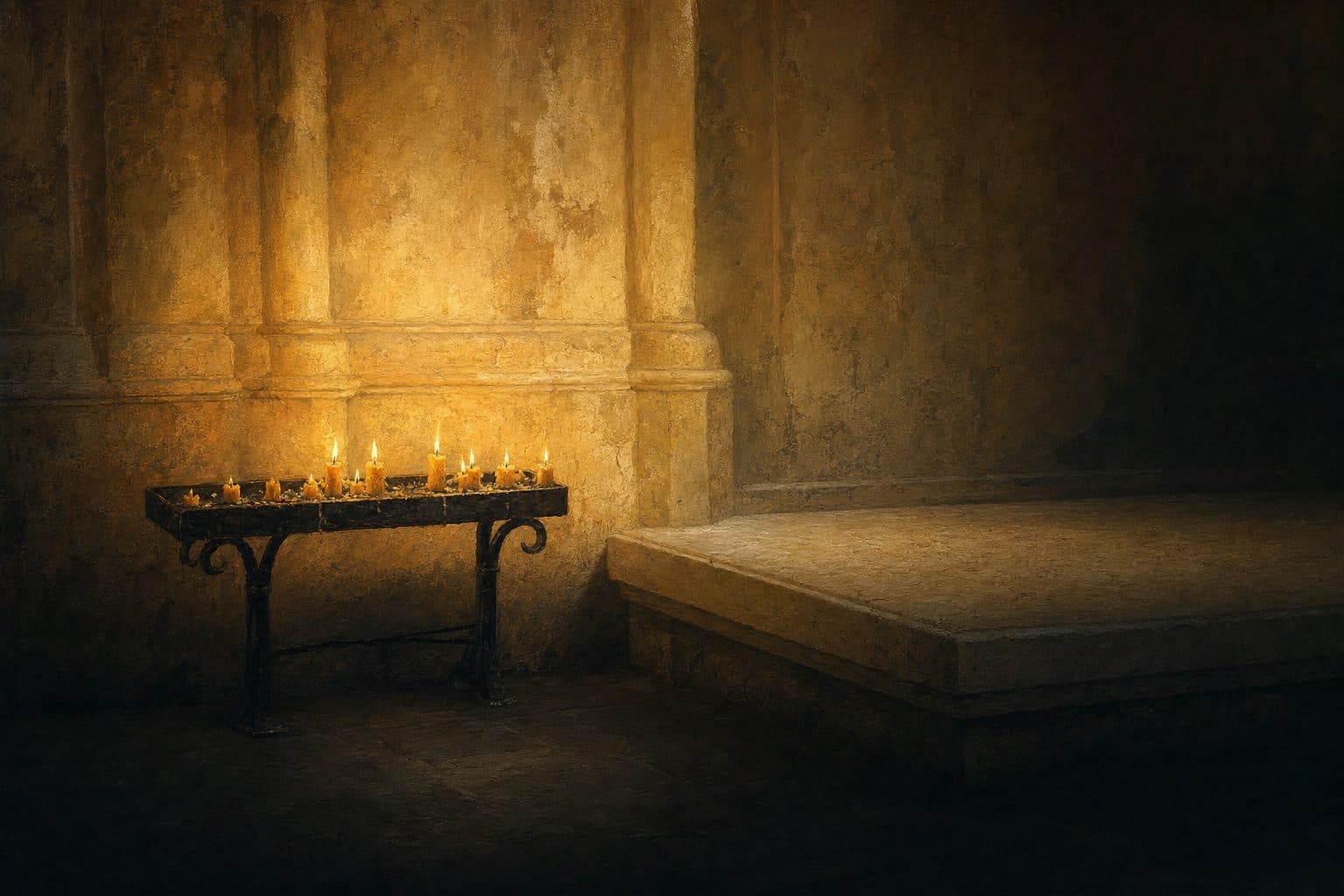 An oil painting of guttering candle stubs on a blackened iron memorial stand beside a plain stone slab in a chapel aisle.