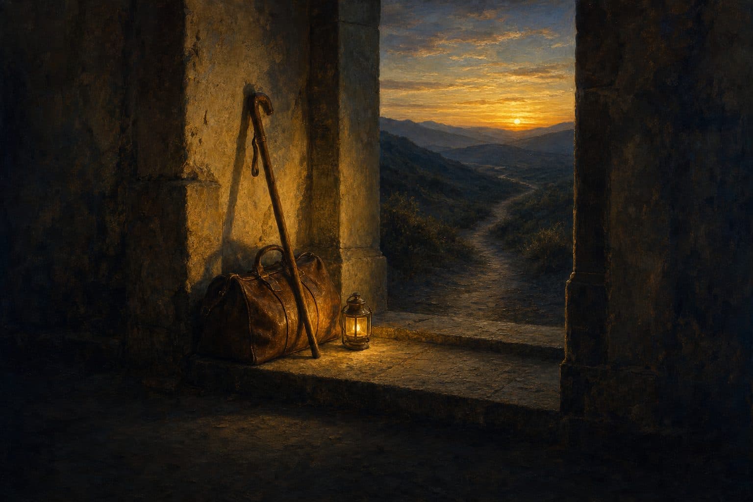 An oil painting of a walking staff, a leather bag and a small lantern inside a stone doorway, a path winding into the hills at sunset.