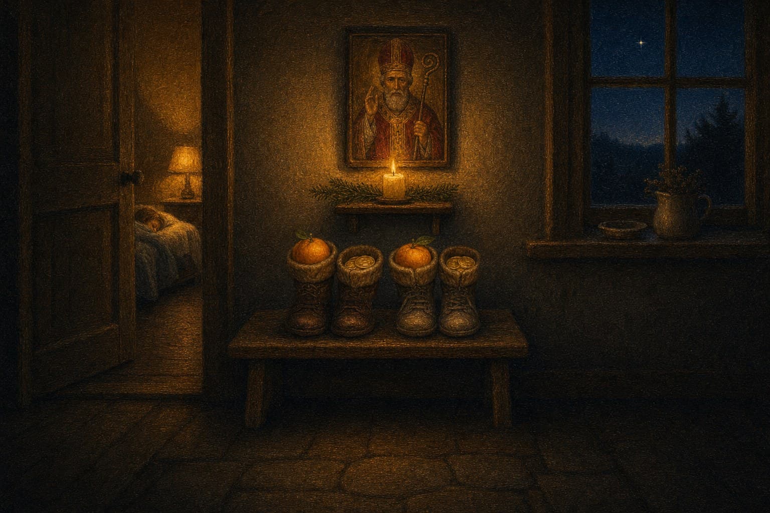 An oil painting of an icon of St. Nicholas the bishop, with miter and crozier, above a small lit candle in a home at night, and children’s boots on a bench below holding oranges and gold coins.