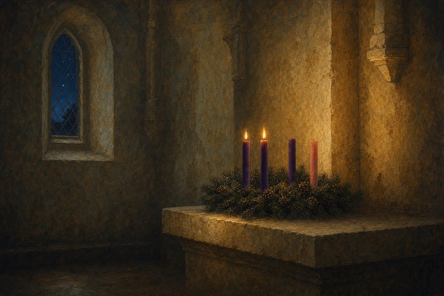 Ramos de pinheiro com três velas roxas e uma vela rosa sobre um altar de pedra; as duas primeiras estão acesas, e por uma janela em arco se vê a noite estrelada