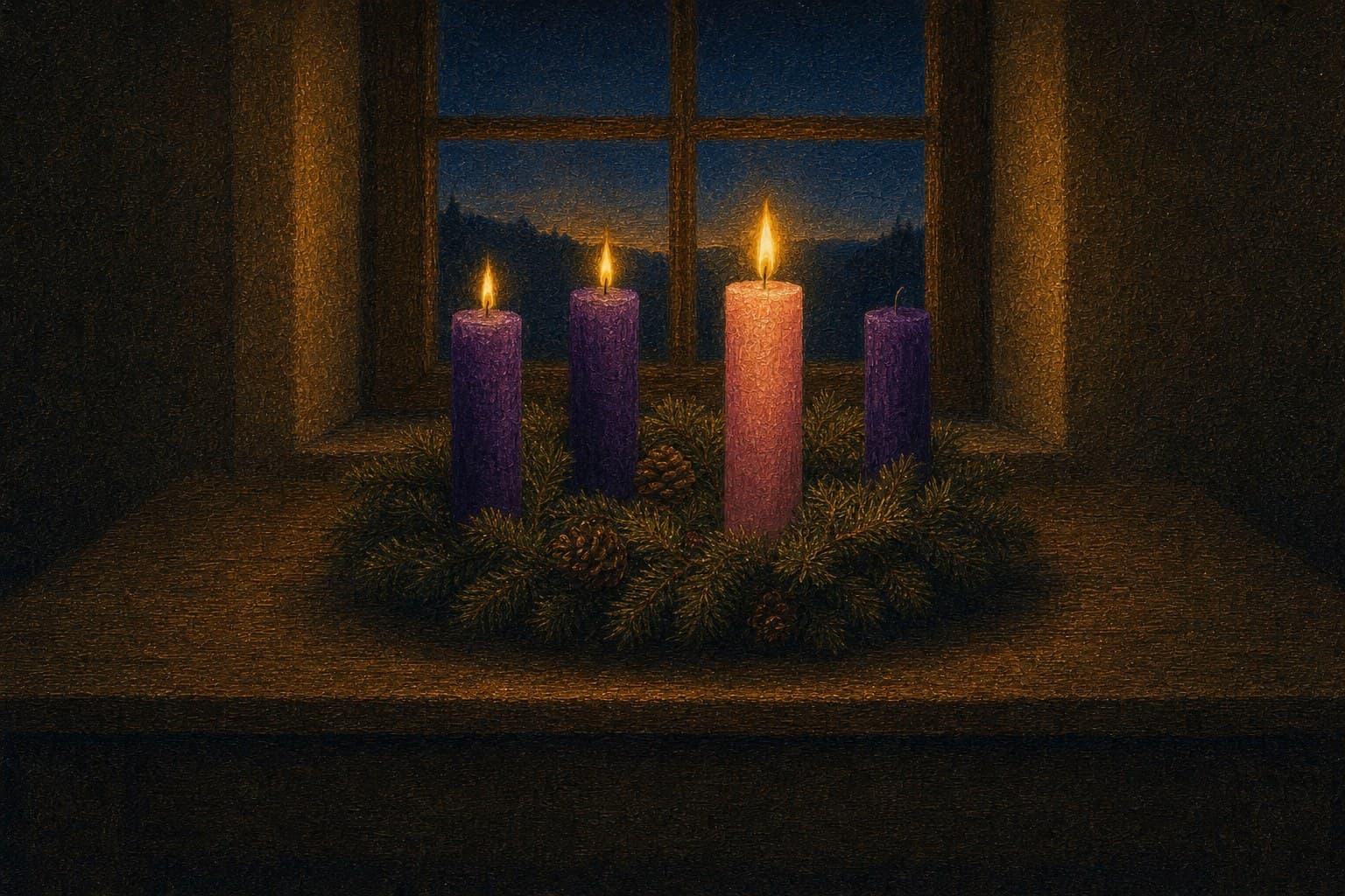 An Advent wreath of evergreen on a wooden sill by a window at dusk, holding three violet candles and a single rose one: two violet candles and the rose candle are lit for the Third Sunday of Advent, while the fourth violet candle is still dark