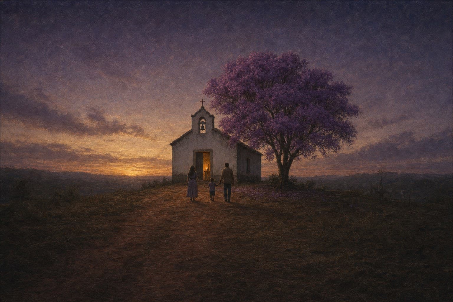 Uma capela caiada no entardecer da Quaresma, com a porta iluminada por velas, ao lado de uma quaresmeira florida de roxo, e uma família que caminha de mãos dadas até ela