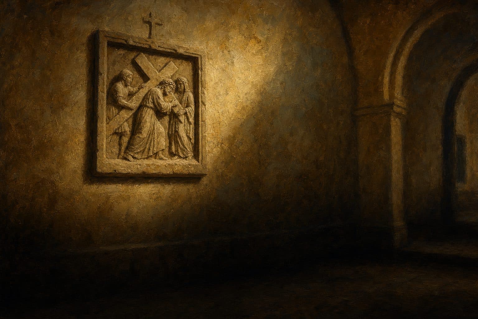 An oil painting of a weathered carved stone relief of the Way of the Cross set into a chapel wall, lit from one side.