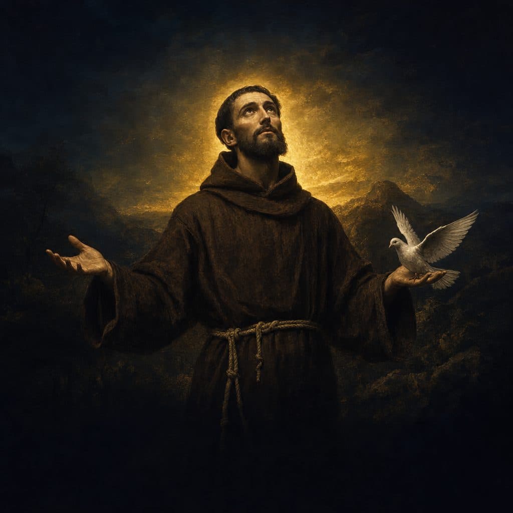 São Francisco de hábito marrom e auréola, segurando uma pomba branca junto ao peito e erguendo a outra mão, sobre um fundo claro creme e dourado