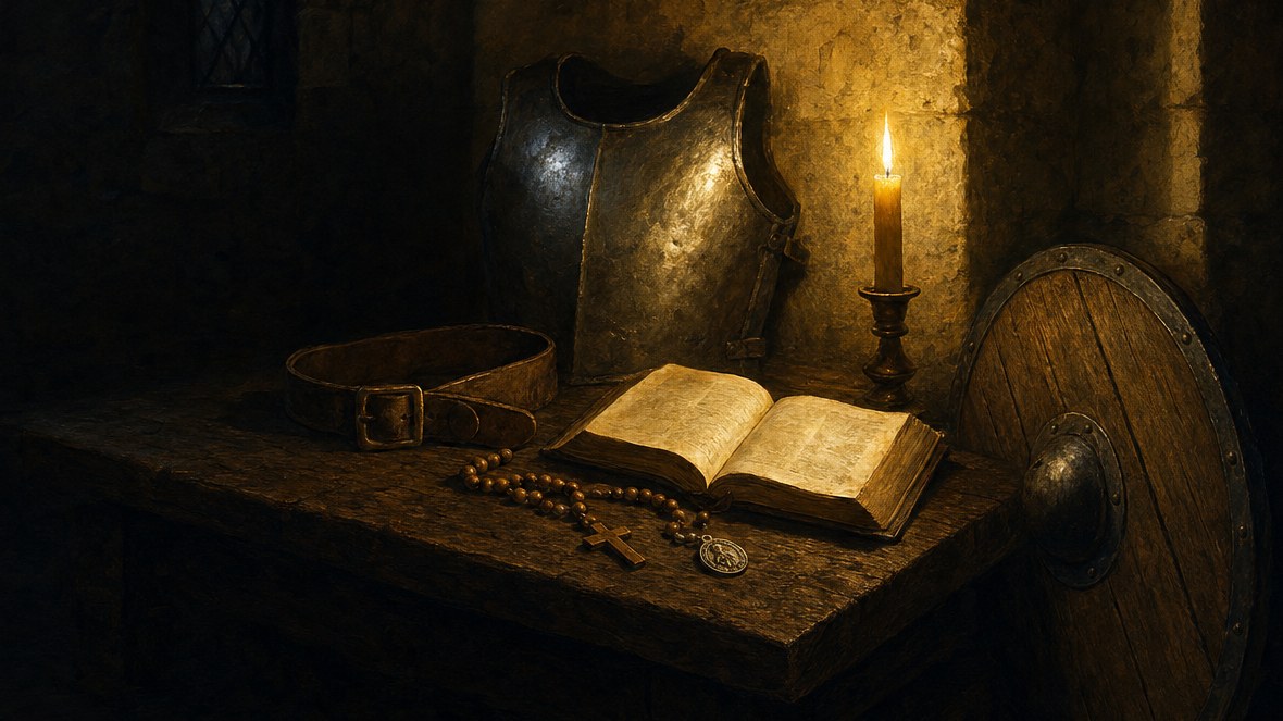An oil painting of the armour of God laid out on an oak table by one candle: a belt, a breastplate, a shield, an open Bible and a rosary.